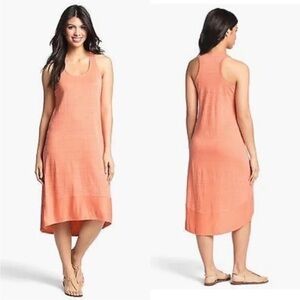 Eileen Fisher Linen Jersey Striped Racerback Tank Dress Peony Tangerine Medium